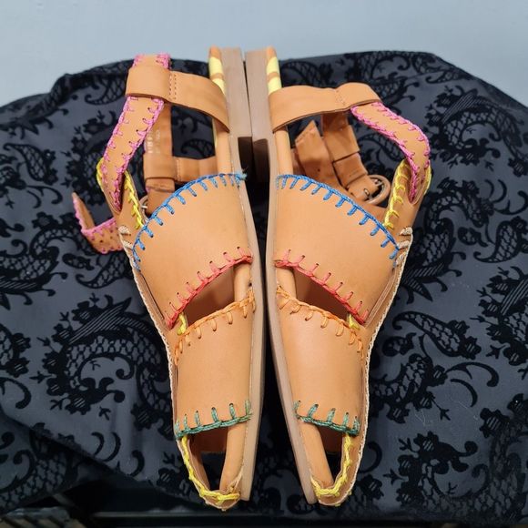 Farm Rio Caramel Palm Tree Strap Sandals NWOT Women's US 9 Bohemian Leather - Picture 6 of 14